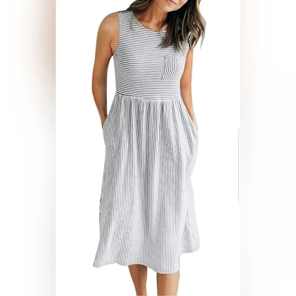 MEROKEETY Sleeveless Striped High Waist T Shirt Midi Dress With Pockets Size M